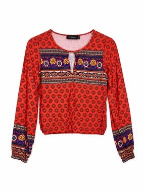 MINKPINK Boho Red Orange Mixed Print Long Sleeve Keyhole Blouse Size Small